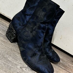 Badgley Mischka Martha Brocade jeweled block heel Blue & black floral bootie